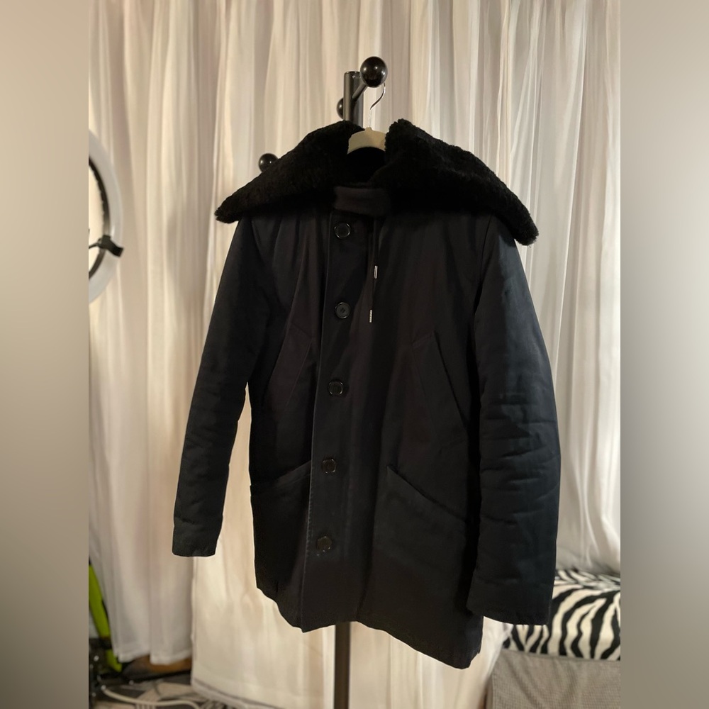 Sandro Black Parka with Shearing  Coat with Convertible Hood